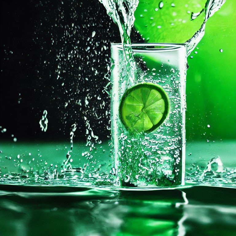 Refreshing lime slice in water splash on green background