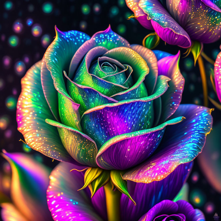 Colorful digital art: Rose with purple and teal petals, glowing edges, and sparkles.