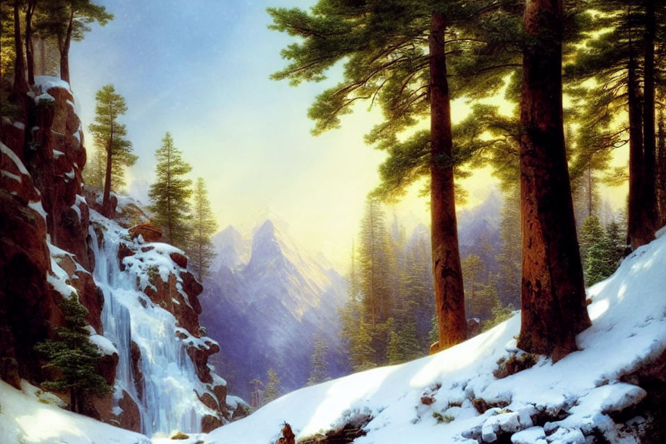 Tranquil Winter Scene with Evergreens, Frozen Waterfall, and Snow
