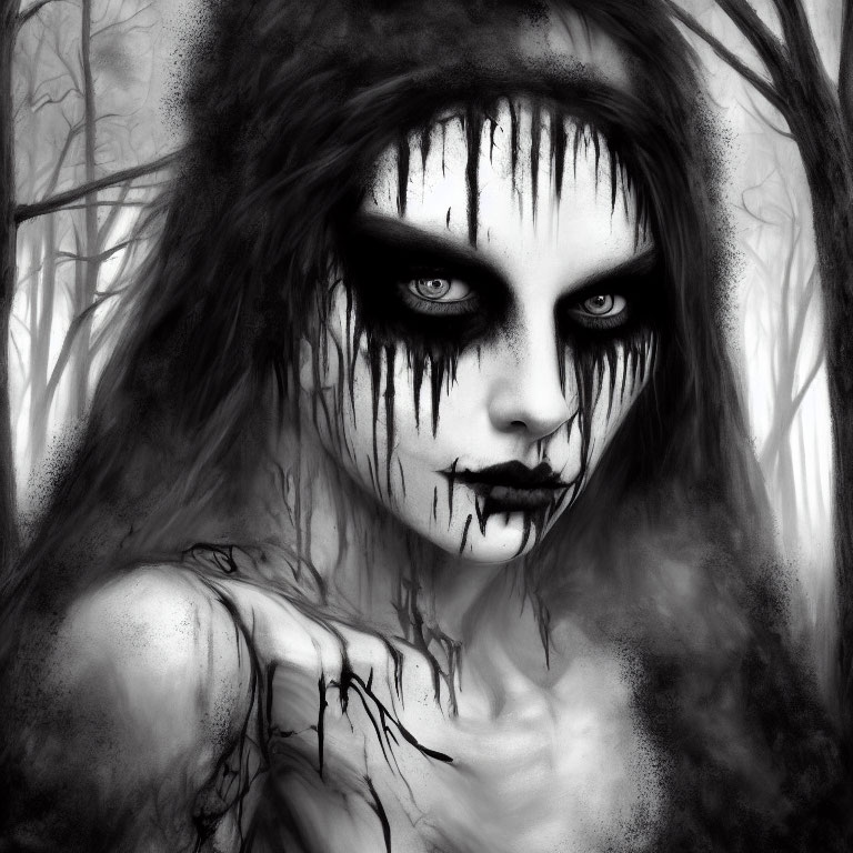 Monochrome portrait of person with dark eye makeup and intense gaze against misty forest backdrop
