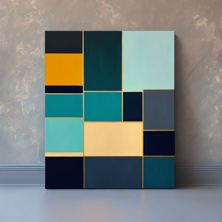 Geometric abstract painting with blue, teal, yellow, and cream blocks on gray wall.