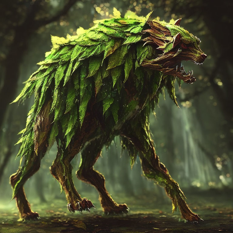 Green leaf and bark-covered wolf in mystical forest with waterfall