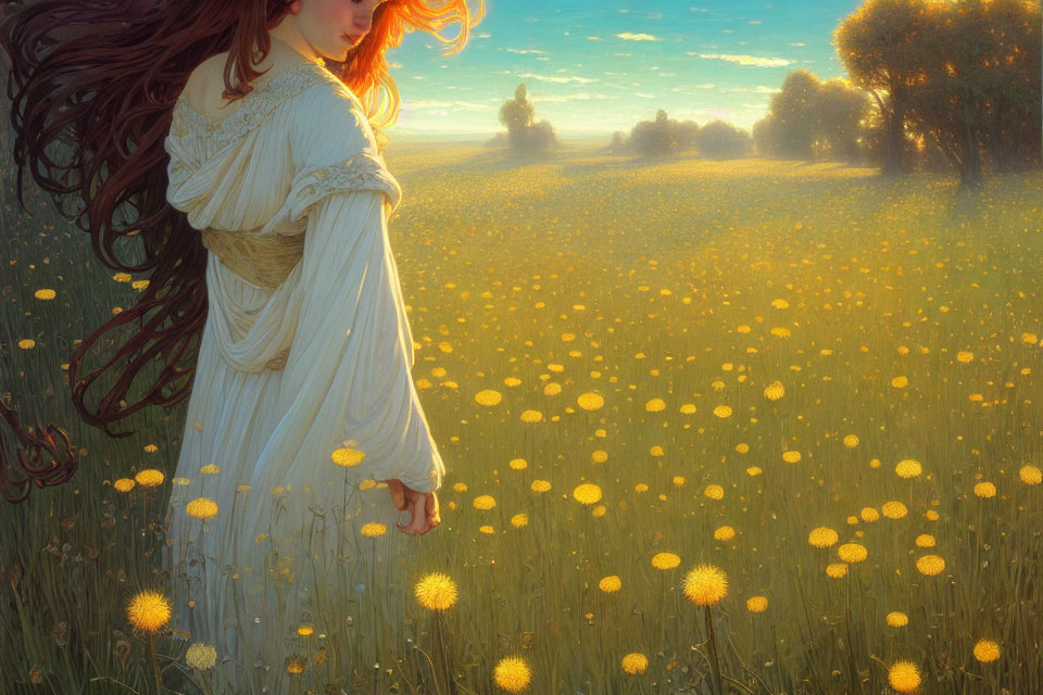 Red-haired woman in white dress in dandelion field at sunset