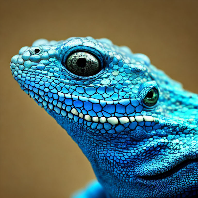Blue reptile with textured scales and black eyes on brown background.