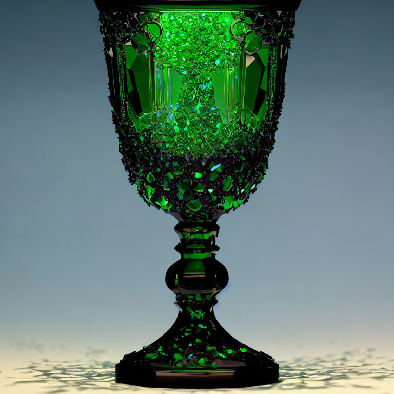 Digital image of ornate green crystal goblet with fragments on gradient backdrop.