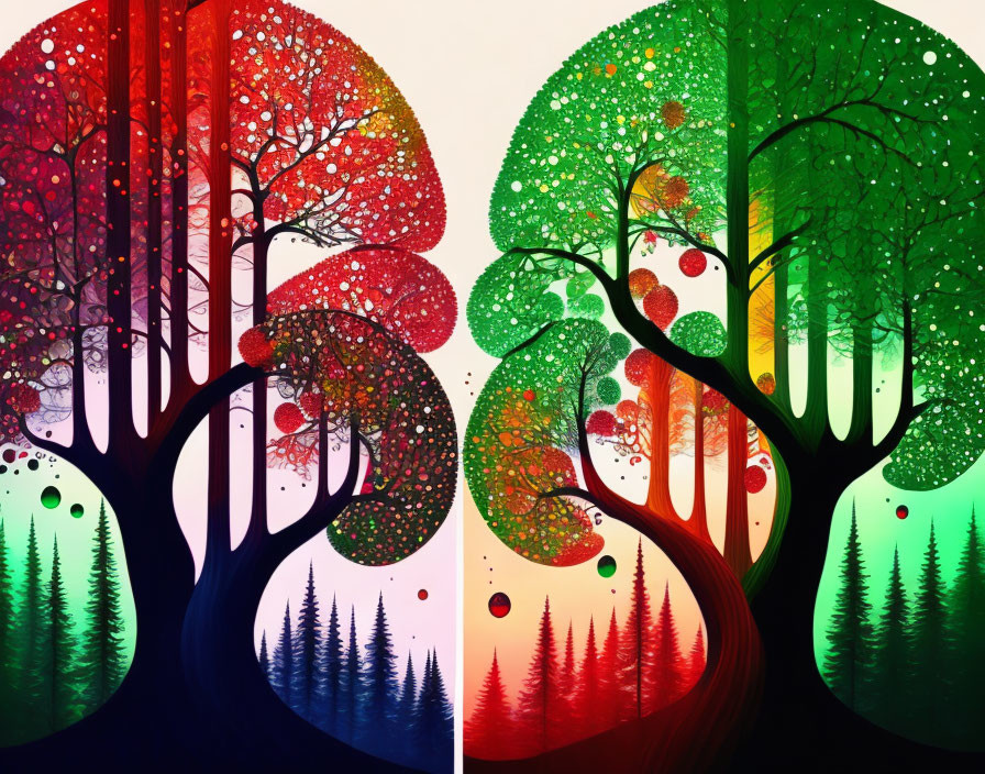 Colorful Stylized Trees Artwork with Transitioning Canopies