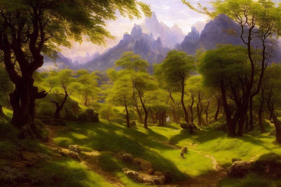 Tranquil landscape with trees, path, boulders, and mountains