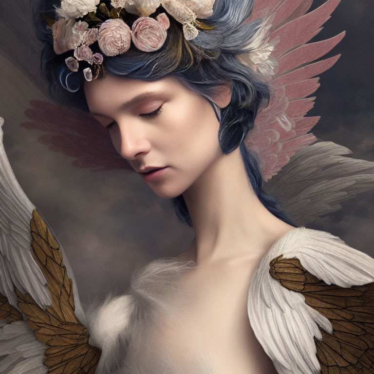 Blue-haired figure with floral crown and wings in contemplative pose