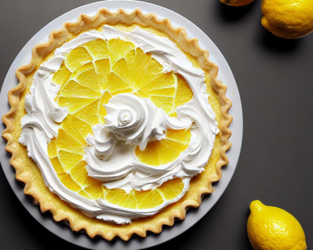 Lemon tart with whipped cream and sliced lemons on grey background