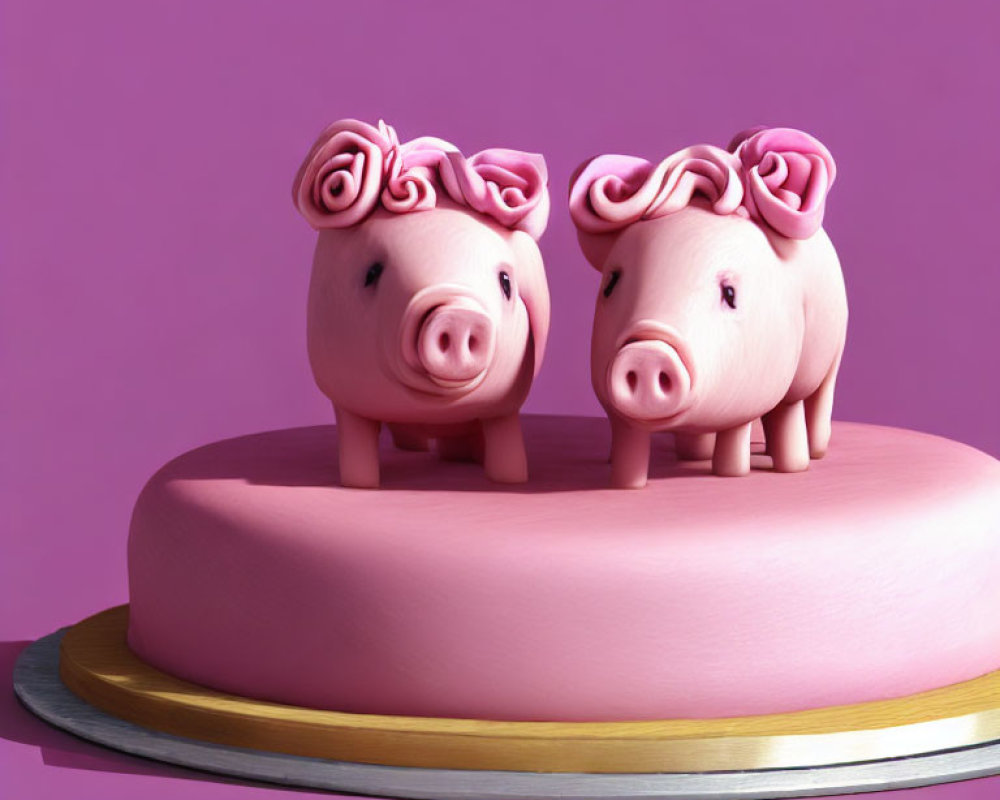 Stylized pig figures on pink cake with purple background
