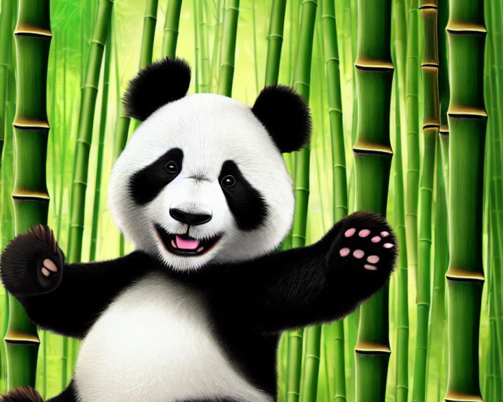 Cartoon panda with open arms in bamboo forest background