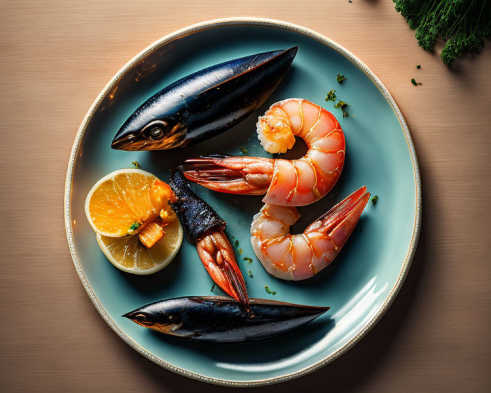 Plate of seafood with fish, shrimp, lemon, herbs, and spices on wooden table