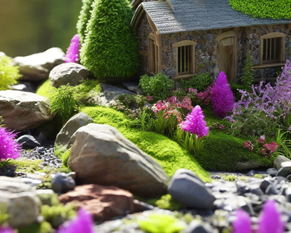 Miniature stone house with moss roof in fairy tale garden scene