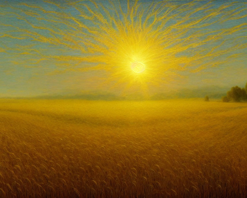 Stylized sun over golden wheat field with swirling yellow lines