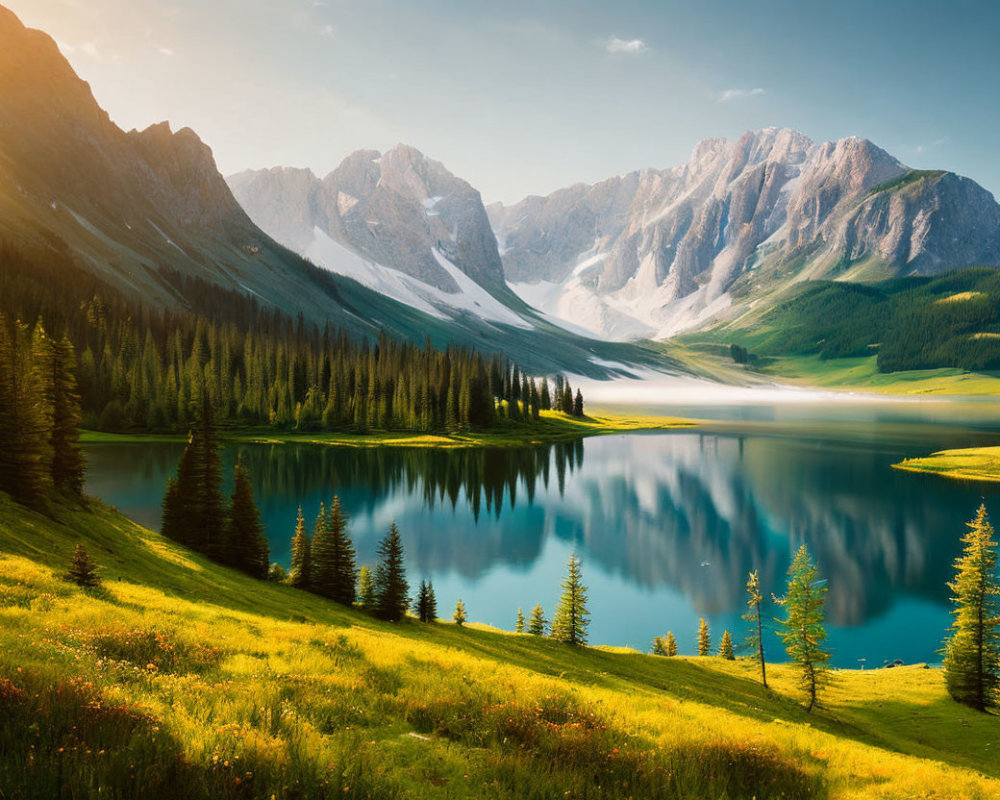 Tranquil alpine lake with lush meadows and mountain peaks