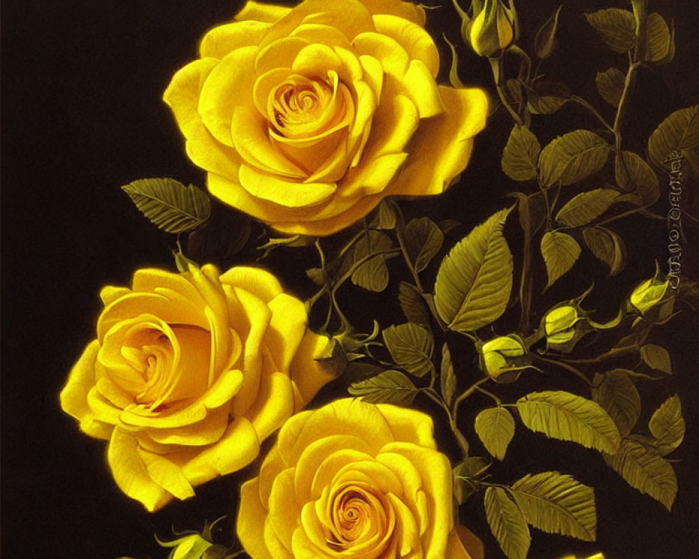 Vibrant Yellow Roses Painting on Dark Background
