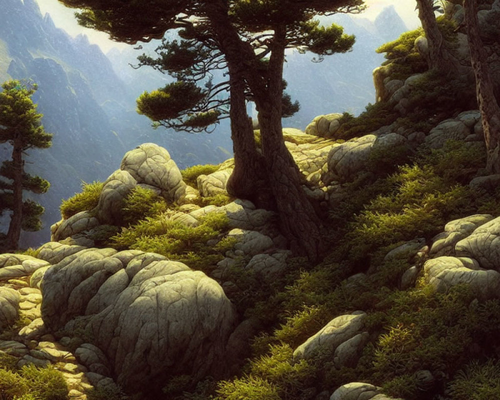 Verdant forest with rocky terrain and soft filtered light