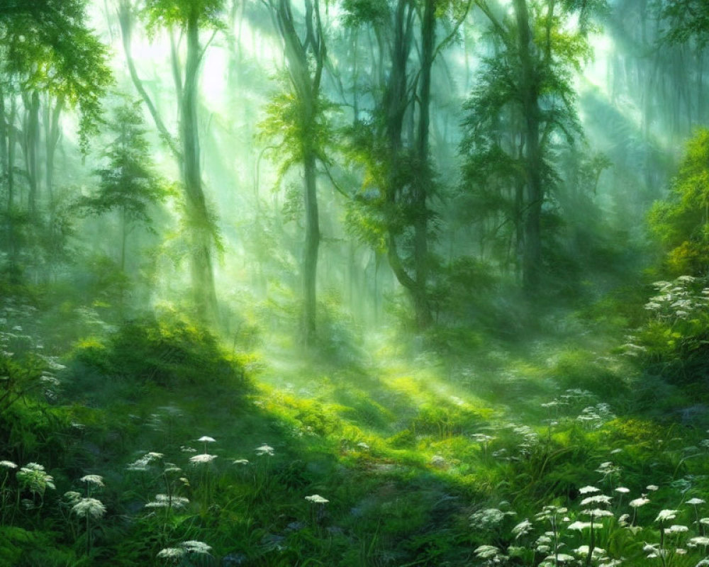 Sunlight illuminates misty green forest with wildflowers and mossy floor
