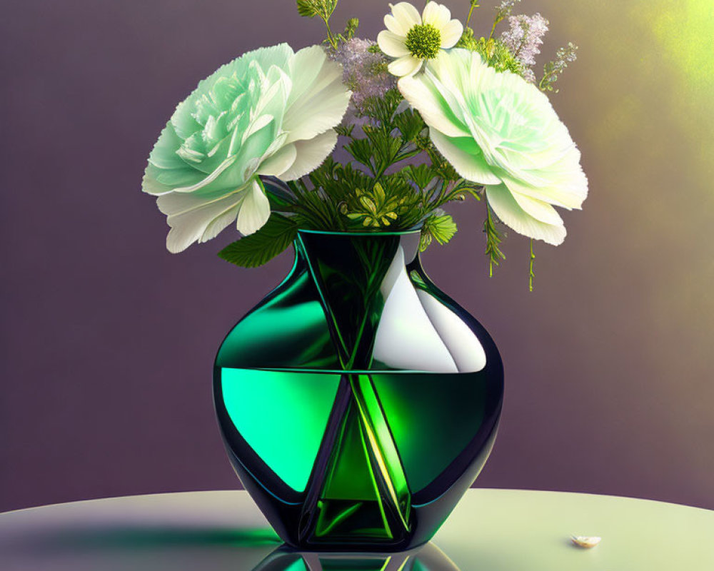 White flowers in geometric green and black vase on reflective surface
