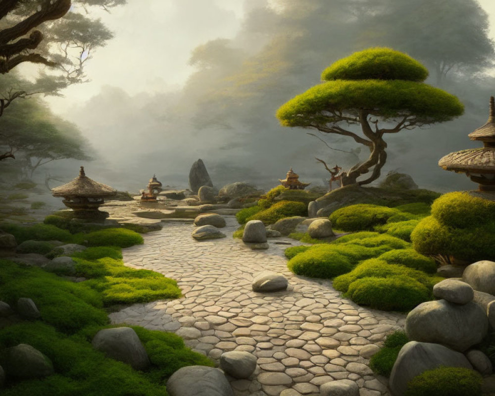Tranquil Zen garden with moss, trimmed trees, lanterns, cobblestone path