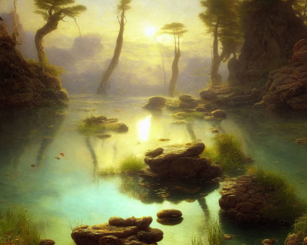 Tranquil forest pond with sunlight filtering through trees