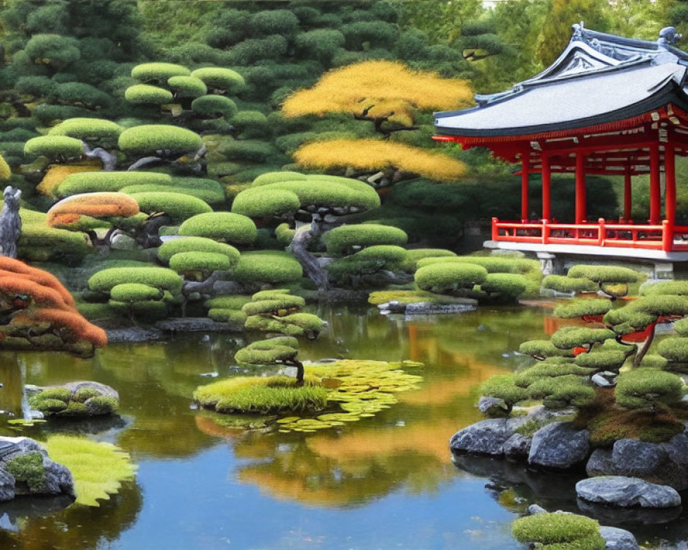 Tranquil Japanese garden with koi pond, red gazebo, and stone lantern