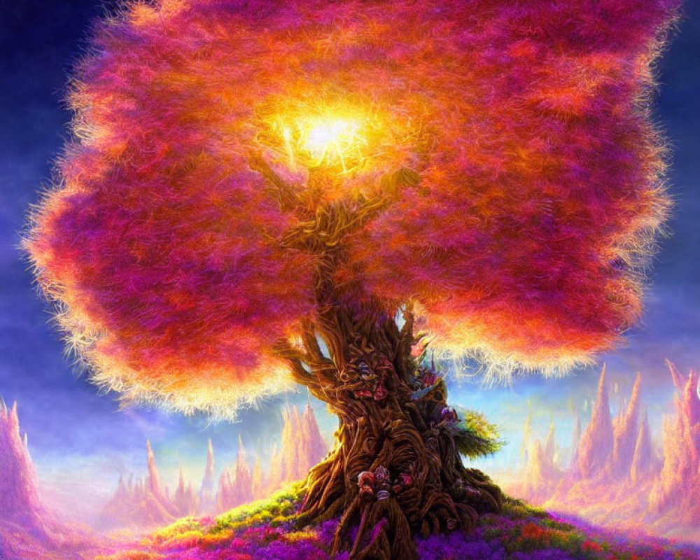 Fantastical tree with luminous canopy in mystical purple landscape
