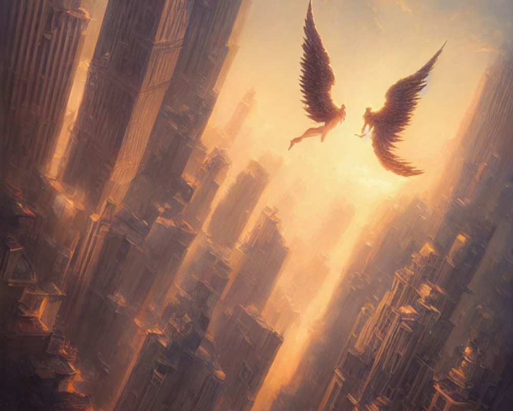 Two large birds soar over a sunlit, futuristic cityscape with towering skyscrapers.