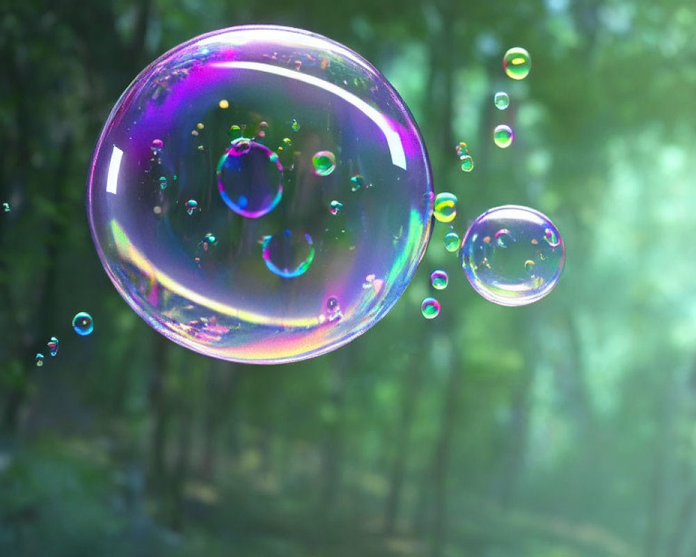 Colorful soap bubbles in sunlit forest with blurred green foliage.