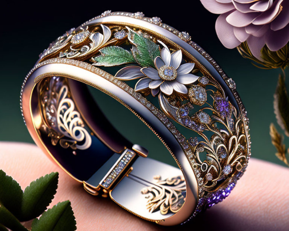 Floral bracelet with golden accents and gemstone on finger against dark background