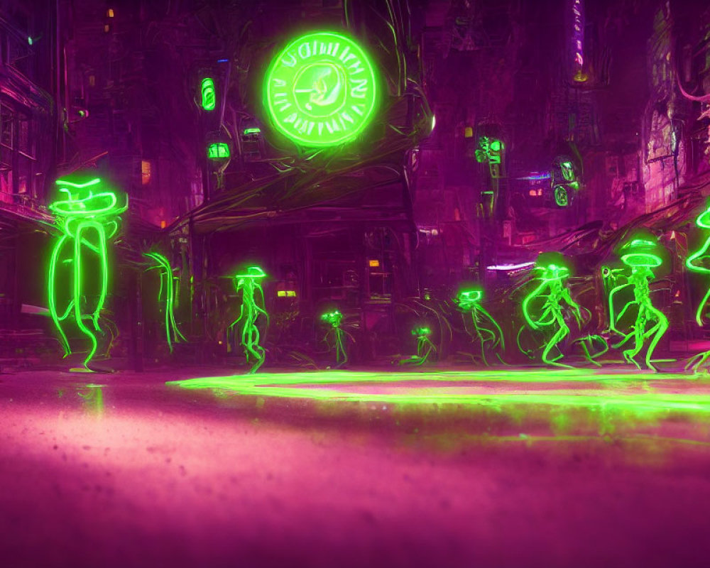 Futuristic neon-lit alley with glowing silhouettes and cyberpunk vibes