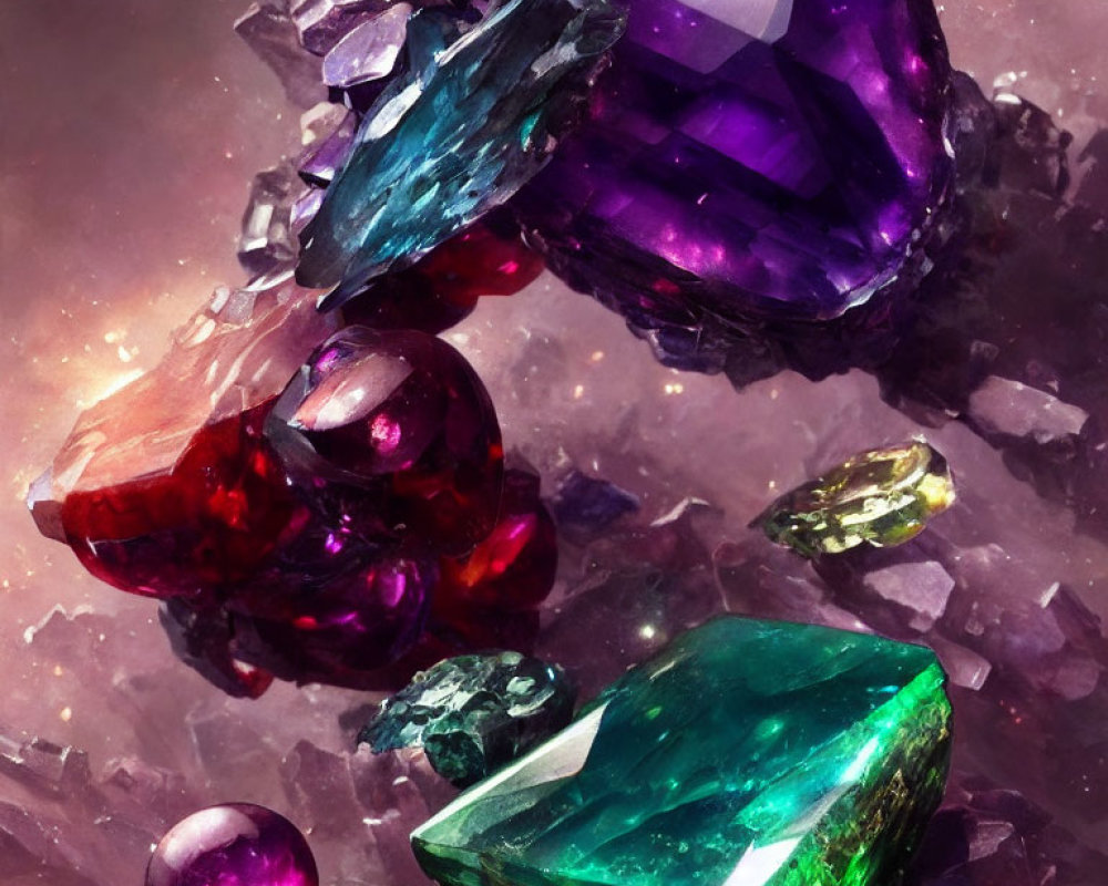 Colorful Floating Gemstones in Purple, Red, and Green on Cloudy Background
