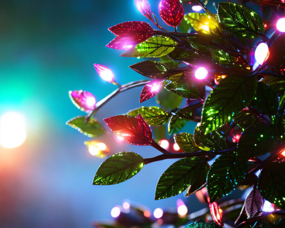 Multicolored Lights on Green Leaves with Bokeh Background