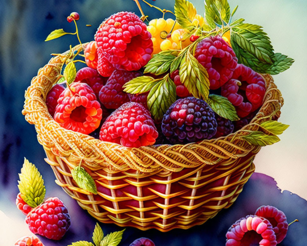 Colorful Basket with Ripe Raspberries and Yellow Berries on Green Leaves