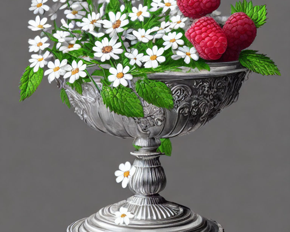 Silver goblet with daisies and raspberries on gray background