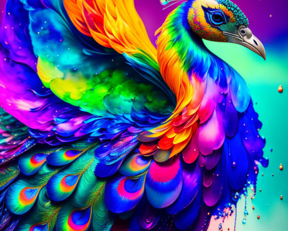 Colorful Peacock Displaying Vibrant Feathers on Magenta Background