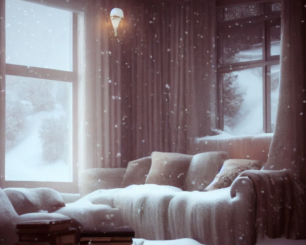 Snow-covered sofa, books, lamp, and snowy view in cozy room