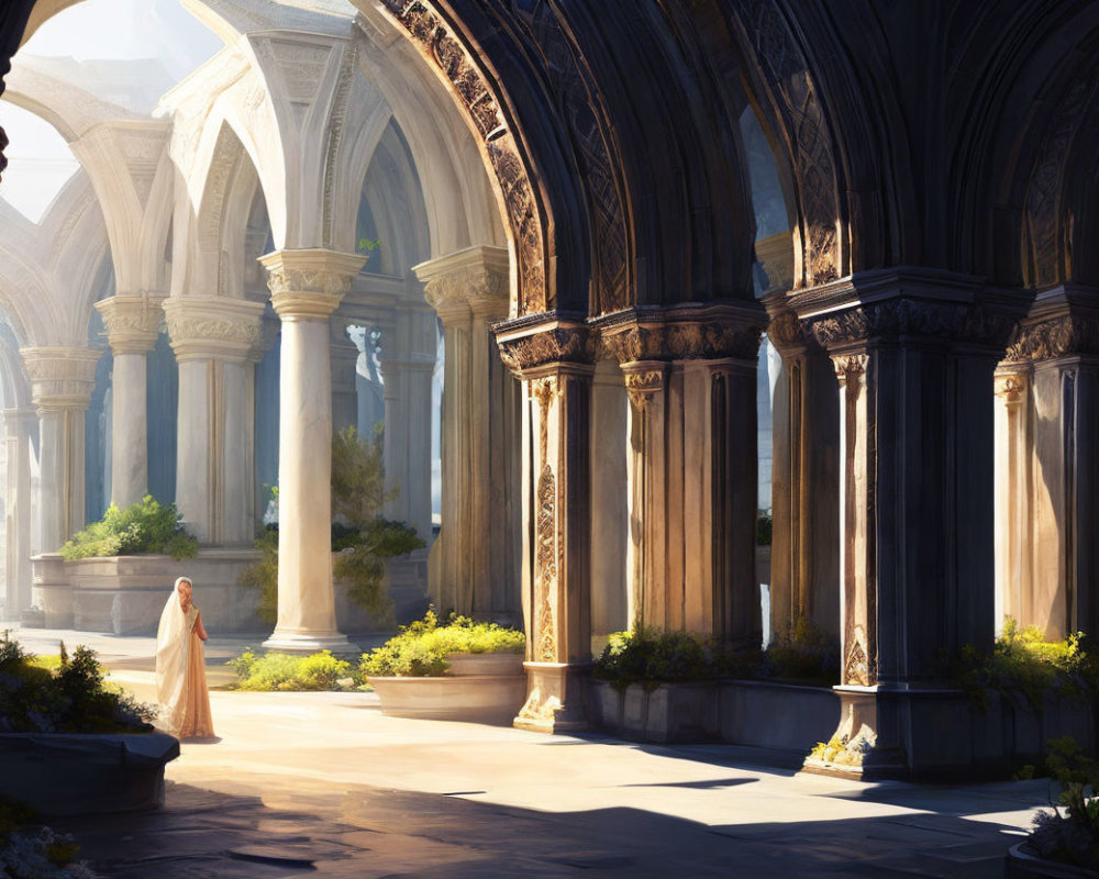 Sunlit Columns and Shadowed Arches in Serene Cloister with Lone Figure and Lush Green
