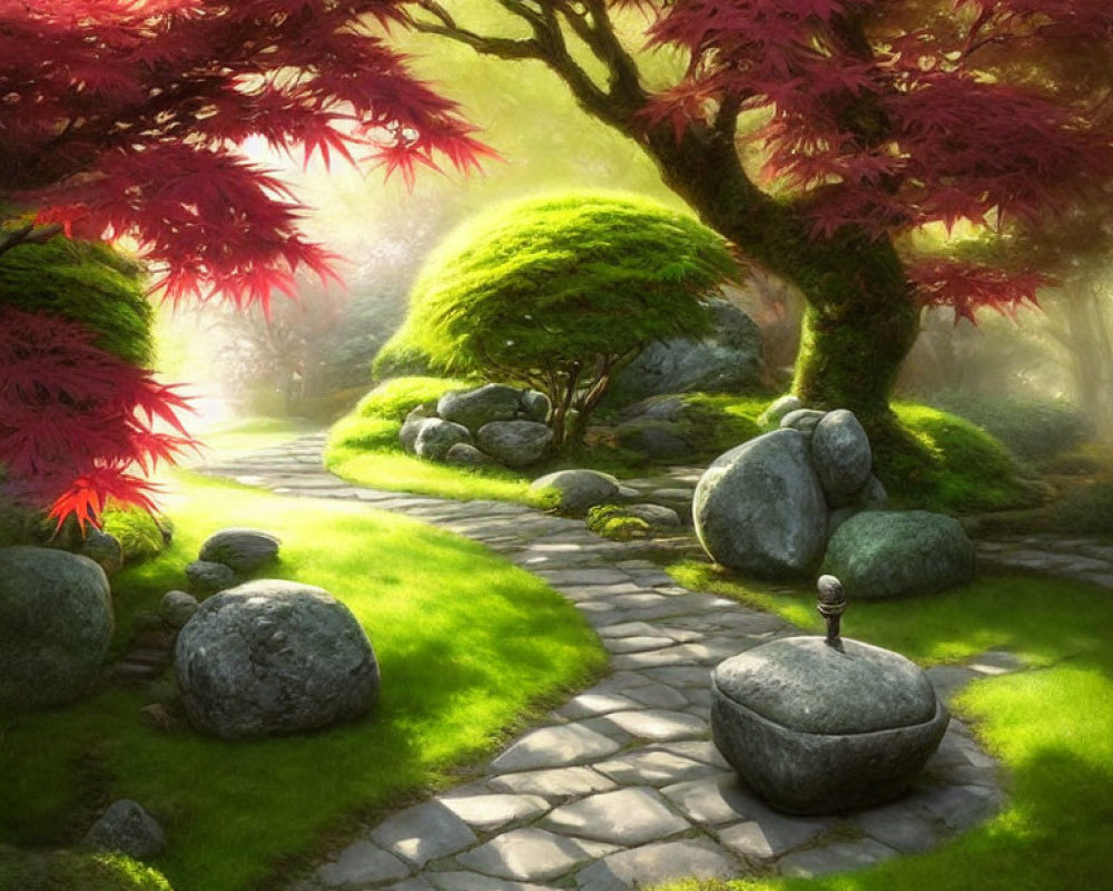 Tranquil garden with stone path, greenery, red maple trees, sunlight.
