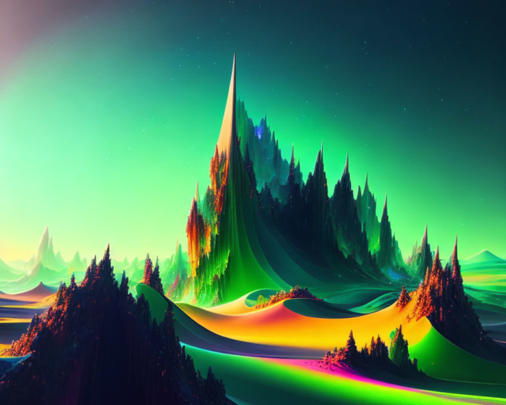 Colorful Neon Digital Landscape with Mountains and Starry Sky