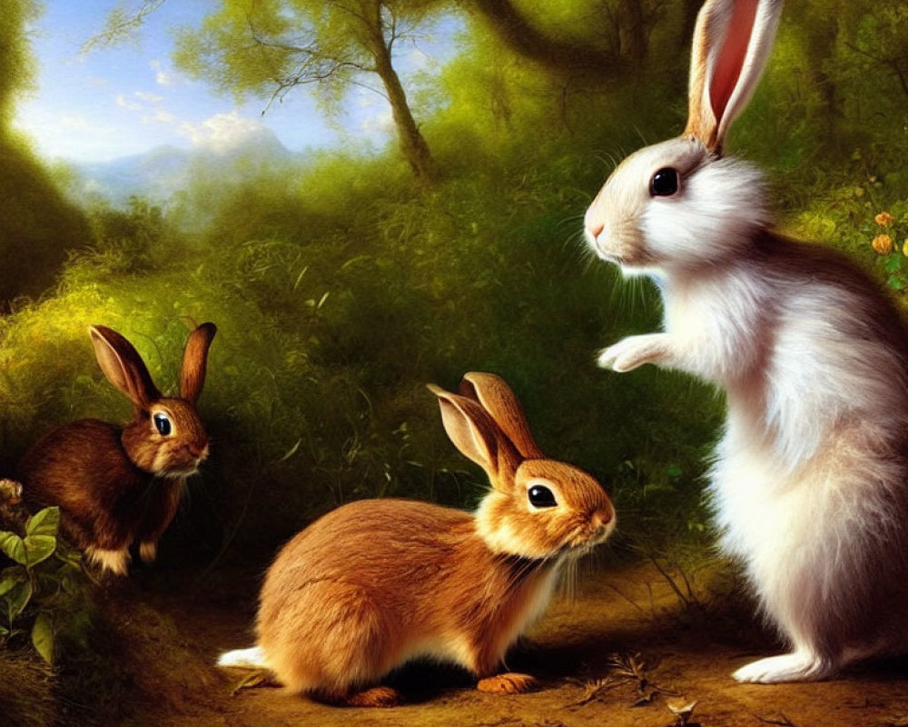 Three rabbits in lush green forest with rolling hills