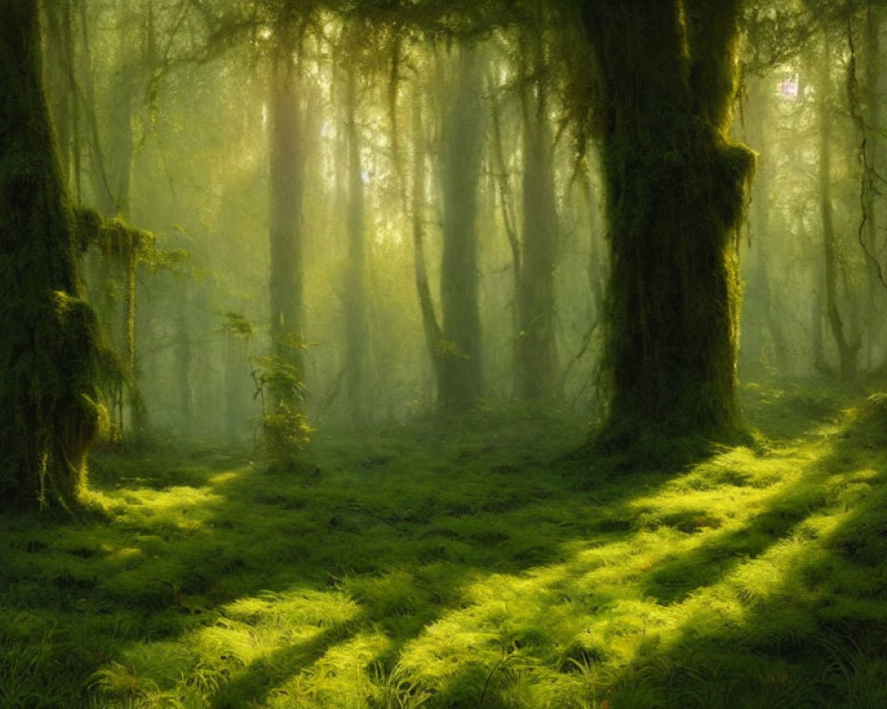 Misty forest scene with sunlight filtering through trees