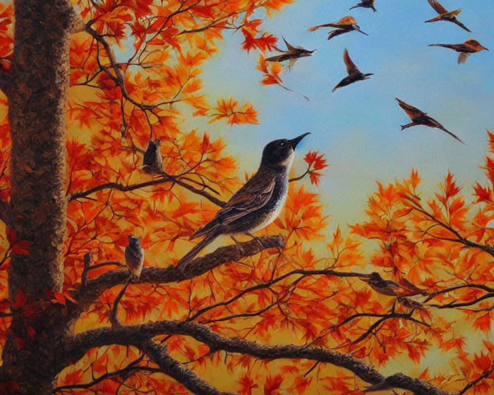 Bird on Branch with Autumn Leaves and Flying Flock in Blue Sky