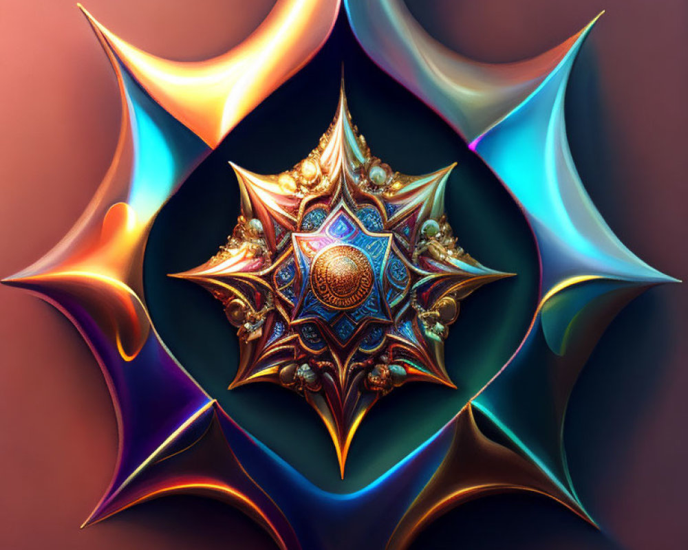 Symmetrical star-like fractal design with metallic textures on warm background