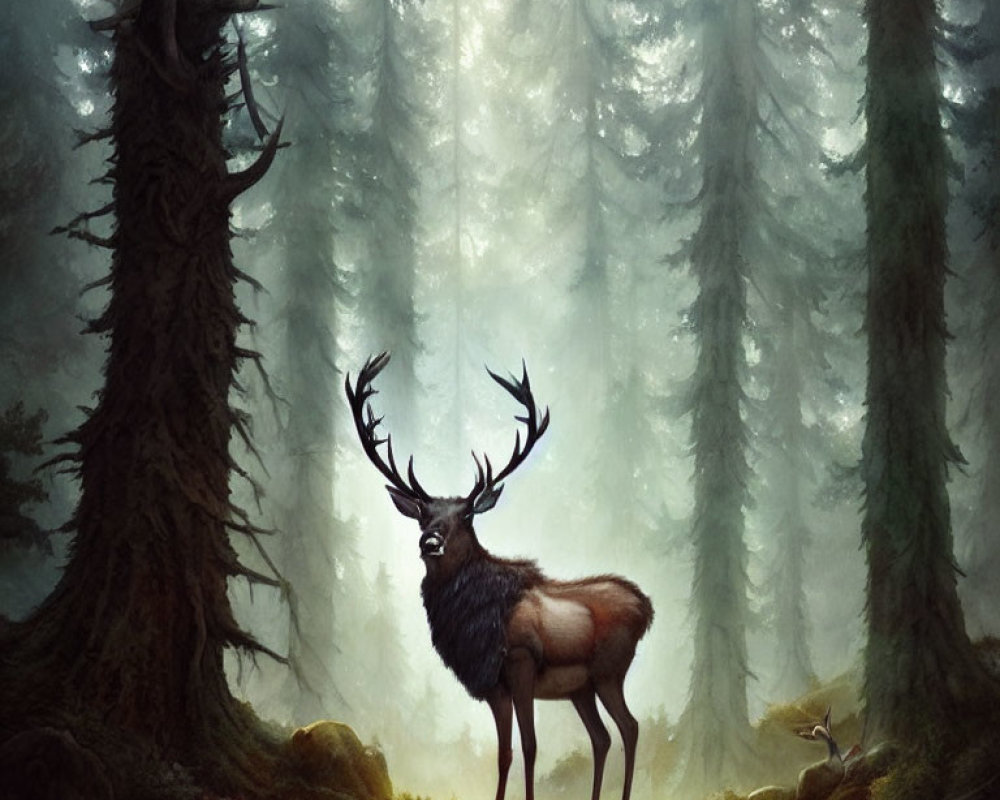 Majestic stag in foggy mystical forest with towering trees