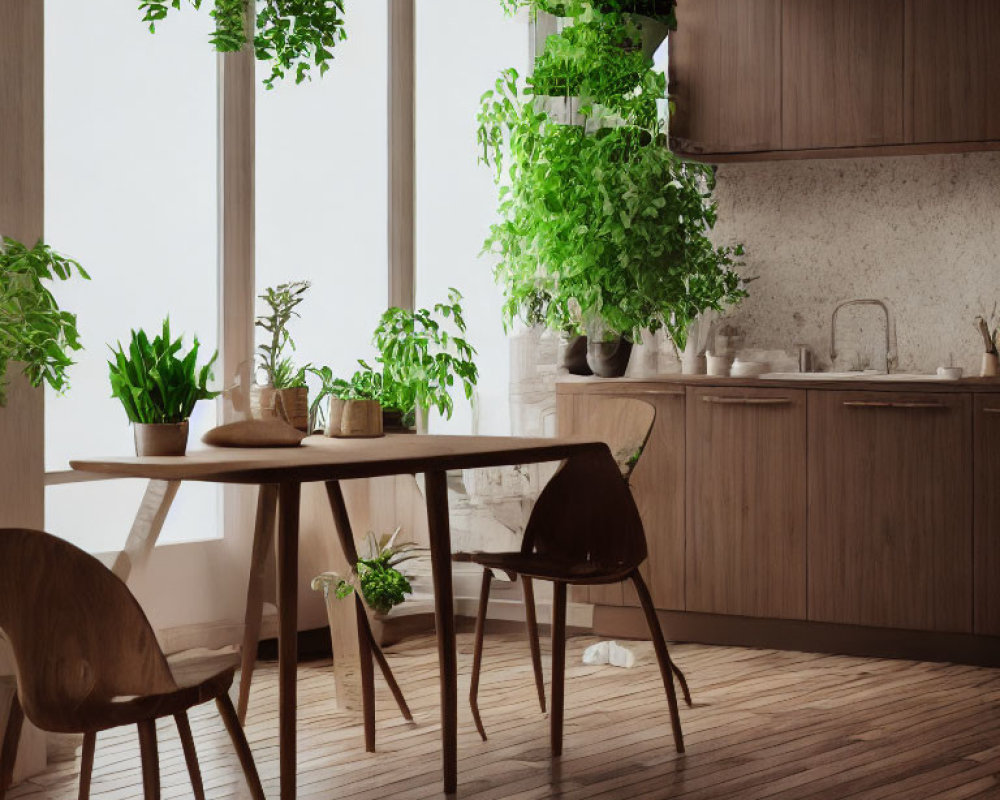 Minimalist Kitchen Interior with Wooden Furniture and Green Plants