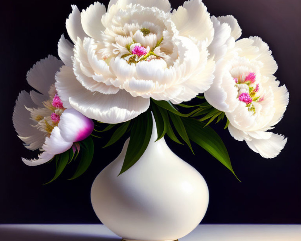 Colorful painting of white peonies in gold vase on dark backdrop