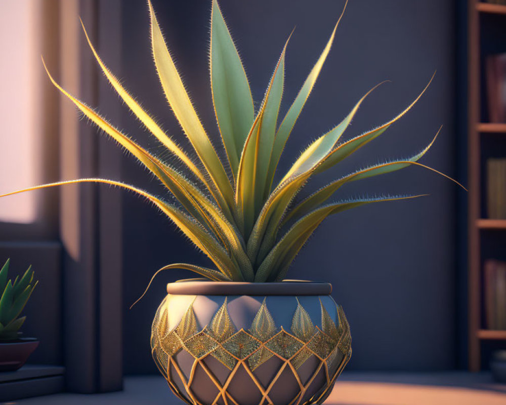 Spiky green potted succulent plant on table with warm lighting