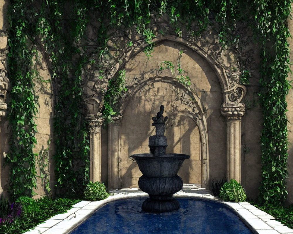 Serene courtyard with classic fountain and statue centerpiece