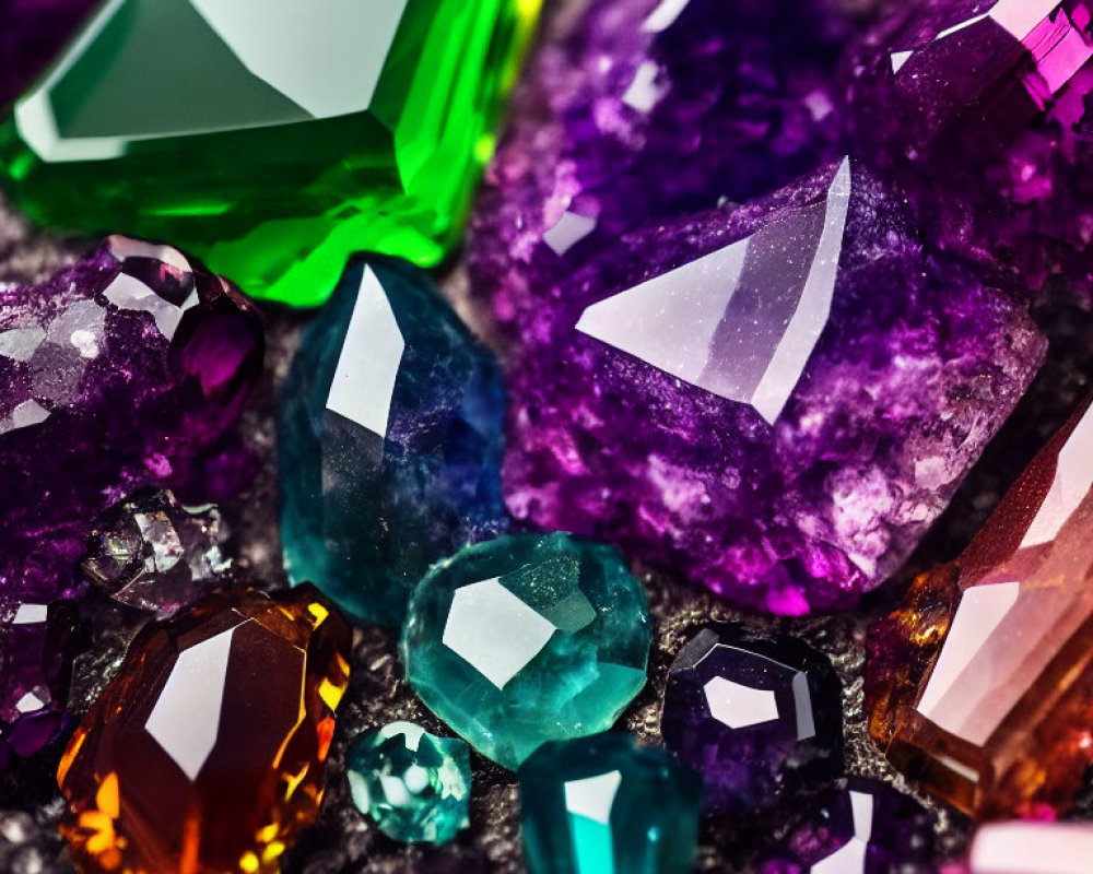 Colorful Gemstones in Various Cuts and Shapes on Sparkling Surface